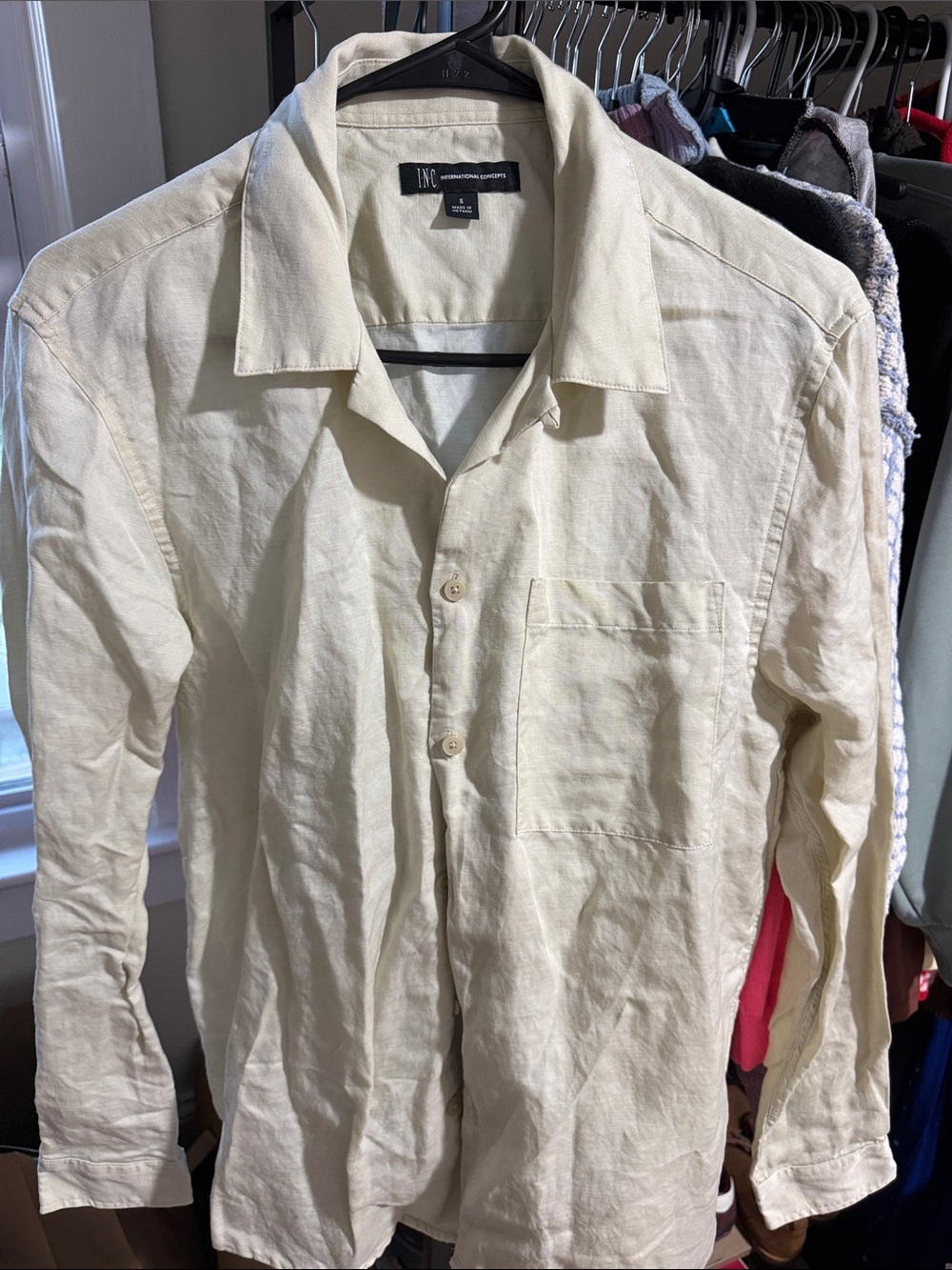 INC International Concepts Cream Open-Collar Linen-Blend Button-Down Shirt